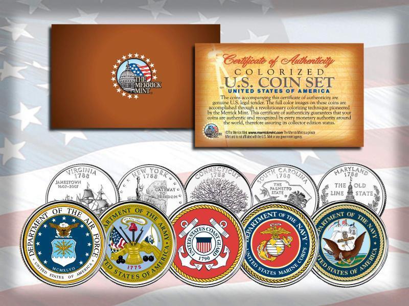 U.S. ARMED FORCES MILITARY LOGOS US STATE QUARTER 5-COIN SET ARMY MARINES NAVY