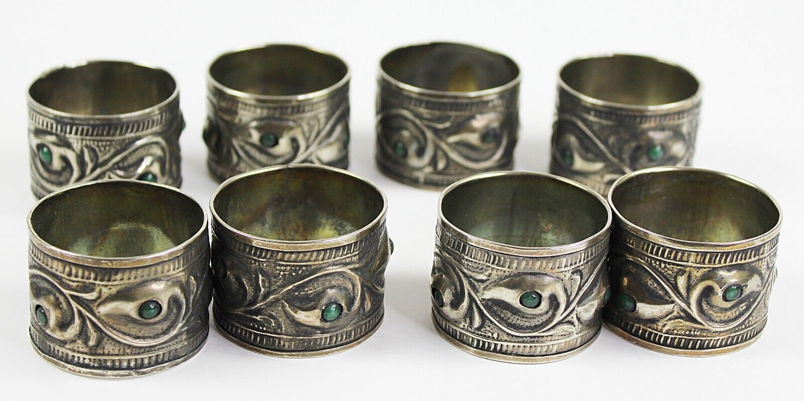 Vintage Set of 8 Napkin Rings with Green Cabochons Silver Plated Copper 1.75\