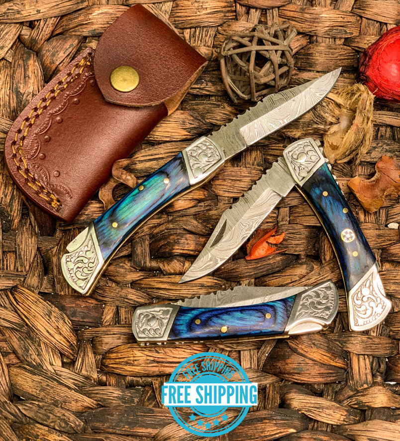 Custom Handmade Damascus Steel Pocket Knife Folding Blade W/ Wood Blue Handle 7\