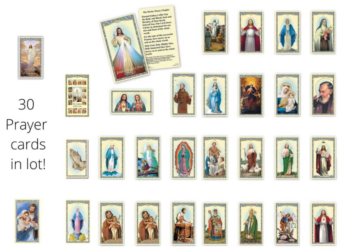 Prayer Card Assortment Lot (30 Different Holy Cards) Jesus, Mary, Saints, etc