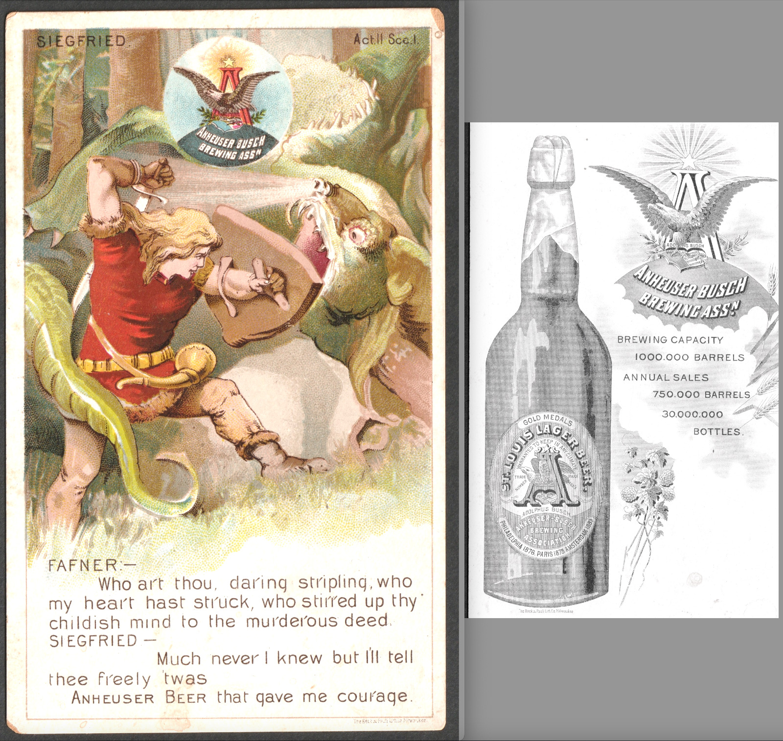 Dragon Slayer 1800's Victorian Trade Card Anheuser Busch Brewing Beer Siegfried