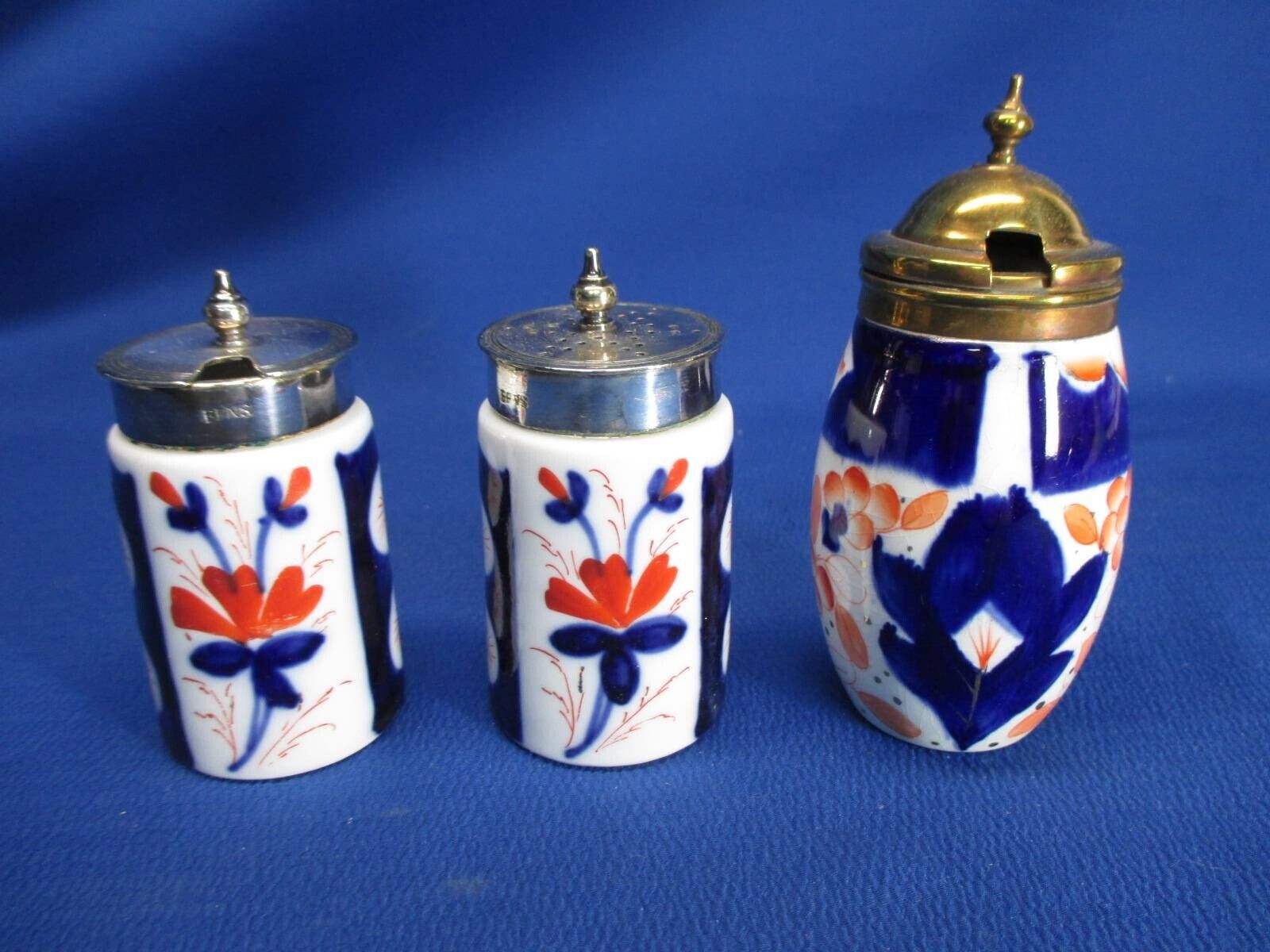 STAFFORDSHIRE HAND-PAINTED GAUDY WARE 3PCS PEPPER W/ 2 MUSTARD POTS