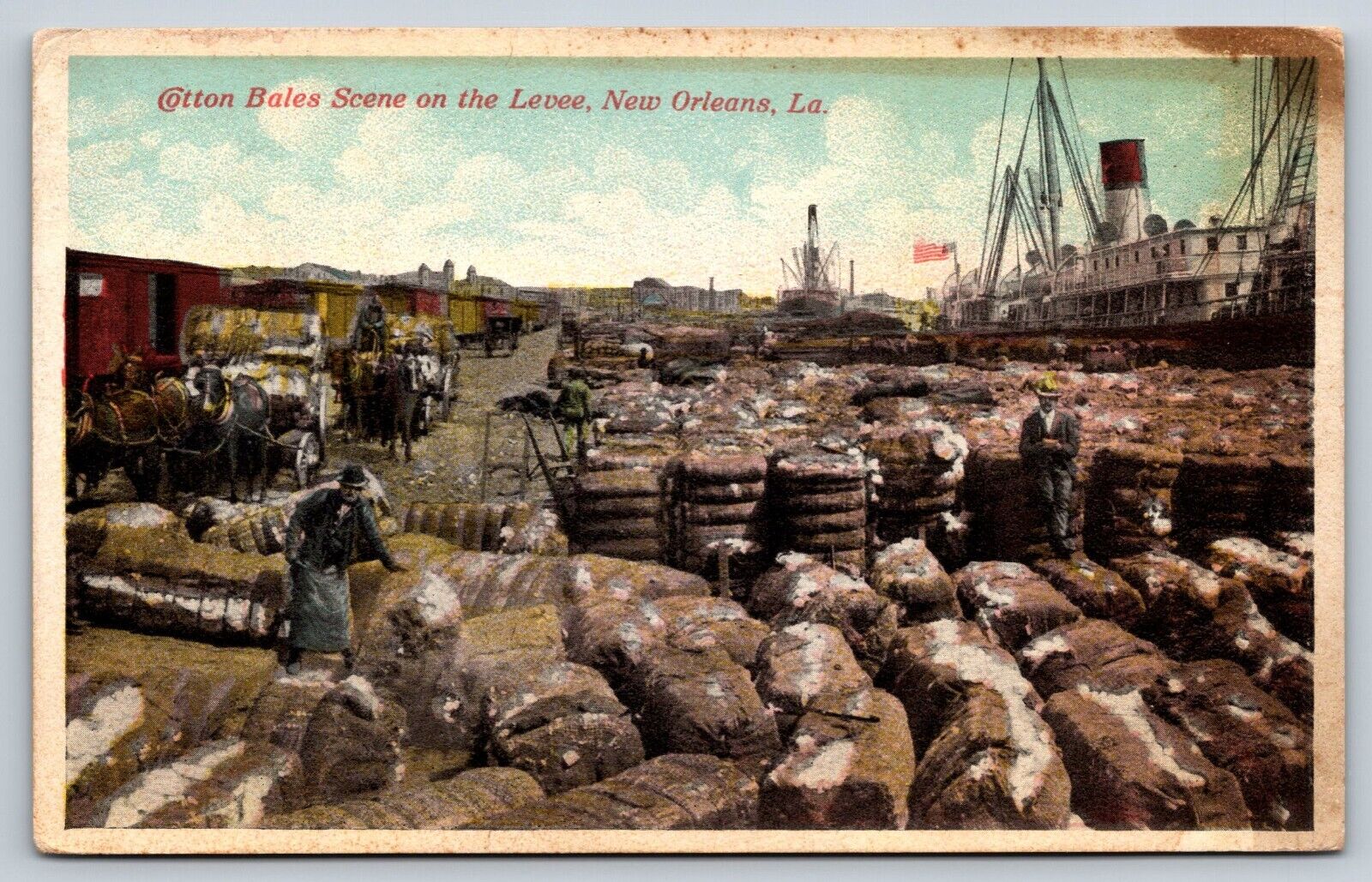 Postcard LA Cotton Bales Scene On The Levee New Orleans Horse Carriage Steamboat
