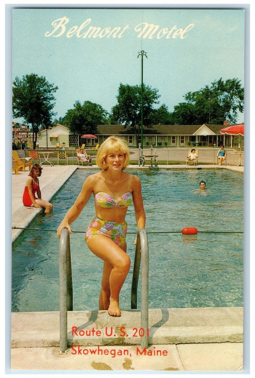 c1950\'s Woman Getting Up from Pool Belmont Motel Skowhegan Maine ME Postcard