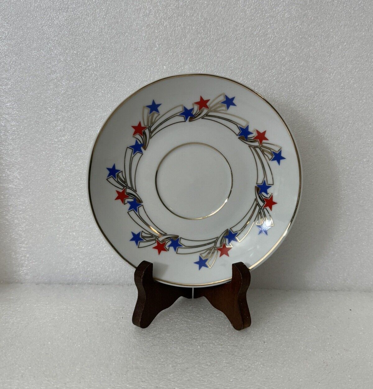 White Saucer Red And Blue With Stars And Gold Accents 5 1/2” Dia Unbranded