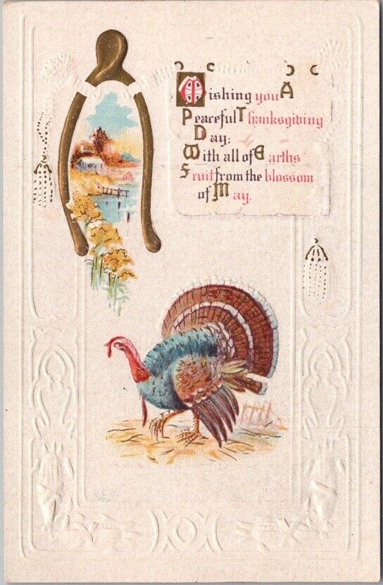 Vintage 1910s THANKSGIVING Embossed Postcard Turkey / Gold Wishbone / UNUSED