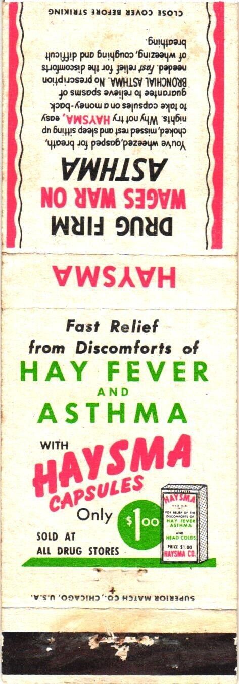 Hay Fever And Asthma Relief With Haysma Capsules, Vintage Matchbook Cover