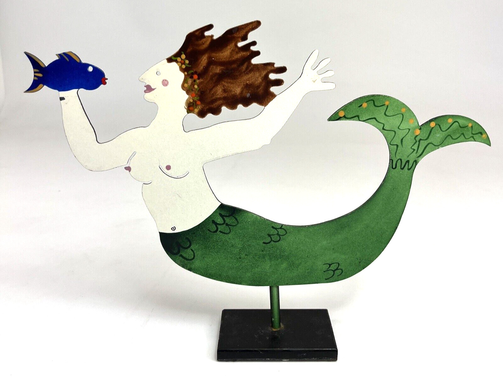 Vintage Judie Bomberger Whimsical Metal Art Sculpture Mermaid With Fish Signed