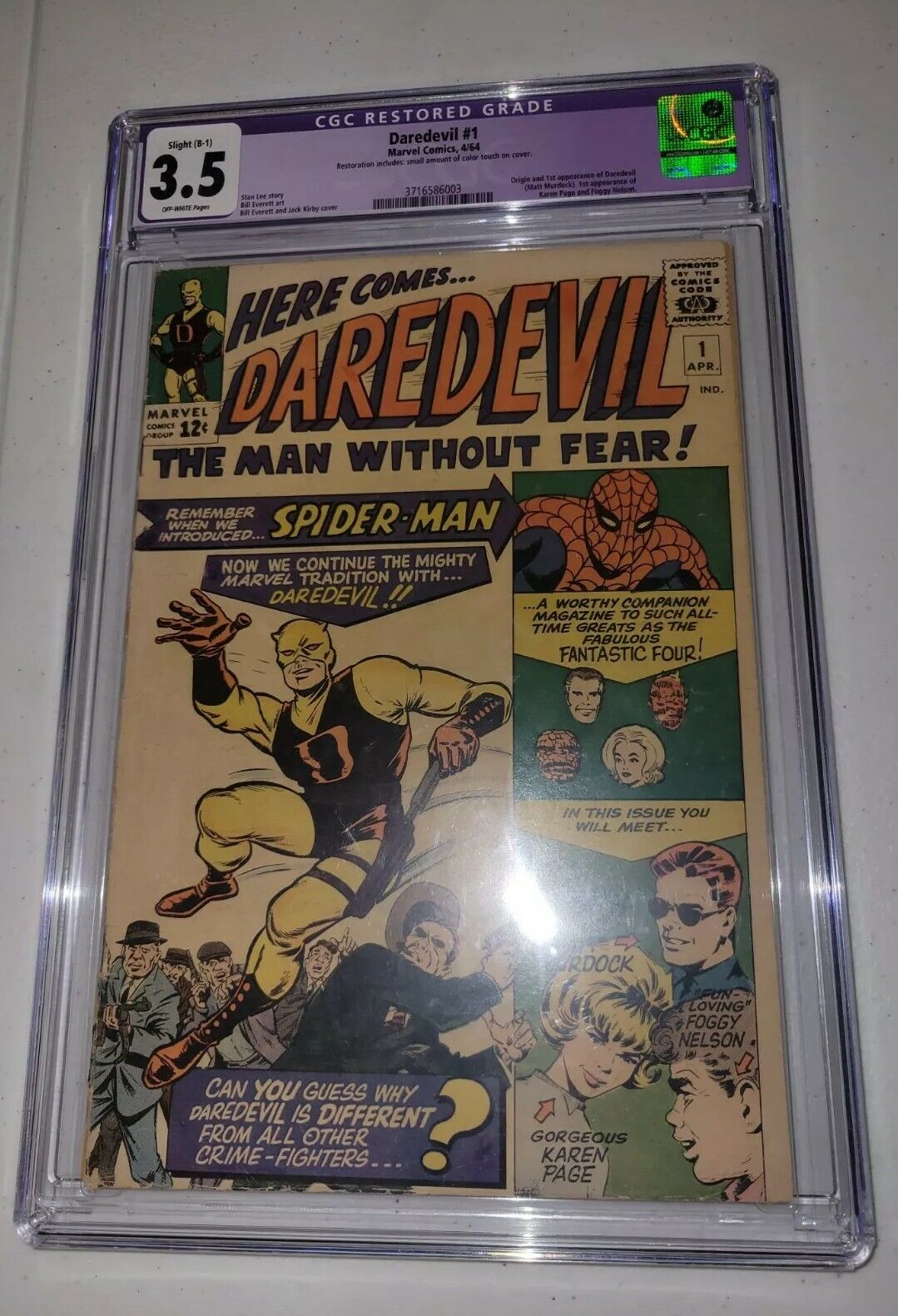 Daredevil #1 CGC 3.5 1964 1st Appearance Of Daredevil Restored Color Touch