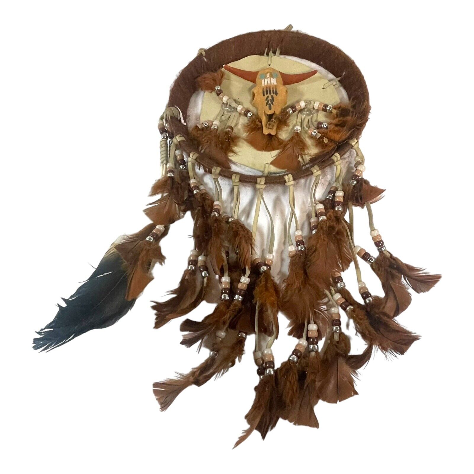Southwestern Dream Catcher Pottery Longhorn Steer Skull Feathers Vintage 20” LG