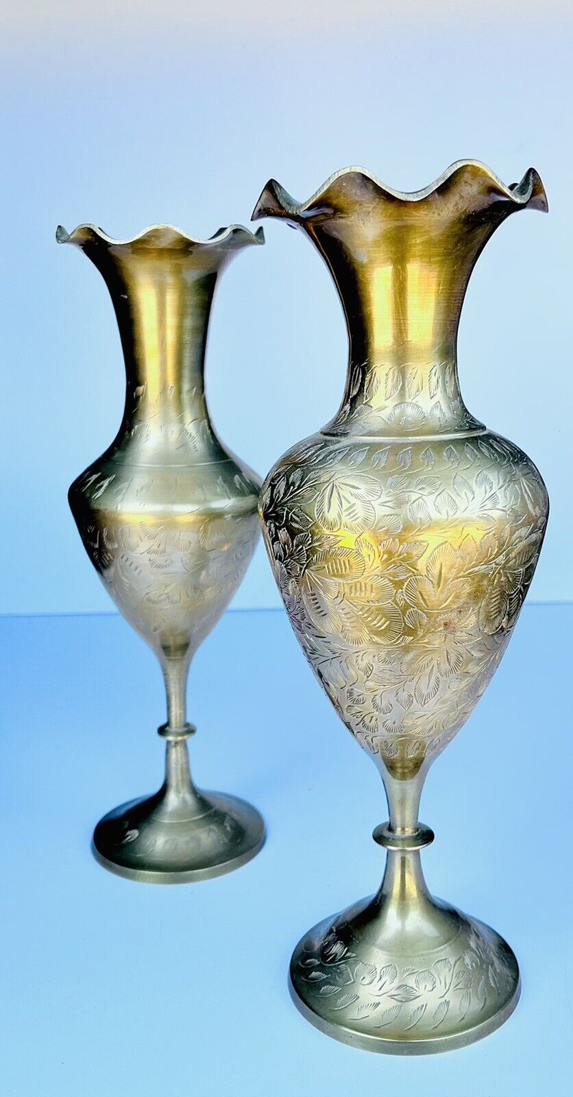Vintage Solid Brass Etched Vases unique set 