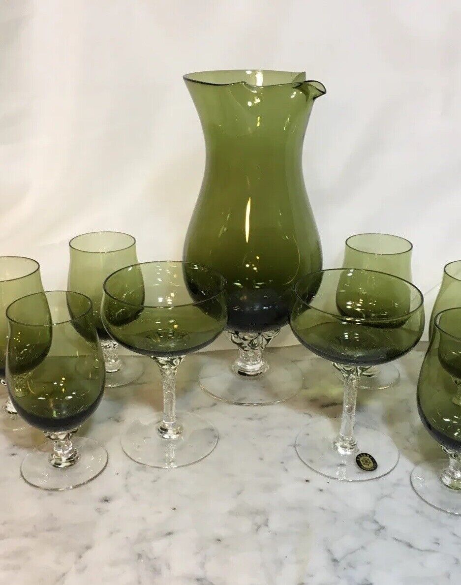 Vintage Sasaki Crystal 9 Pc Set, Olive Green, Decanter & 8 Glasses,  Labeled ❤️