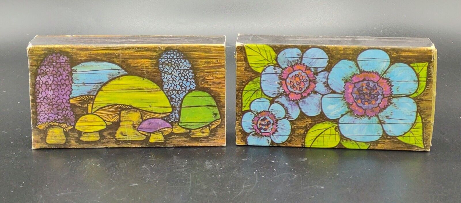 Vtg Psycedelic 70's Colors The Ohio Match Co. Owl & Blue Flower Matches Box (2)