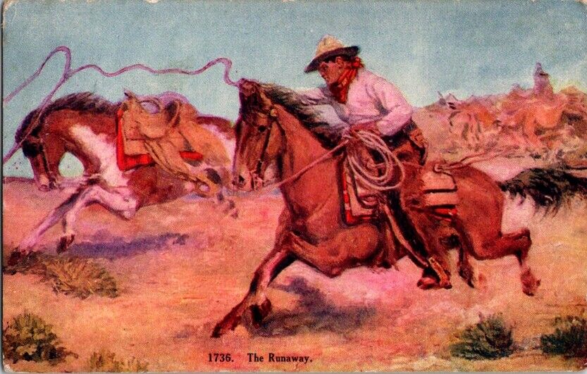 Vintage Postcard The Runaway Cowboy on Horseback Lassos Ropes a Horse      A-803