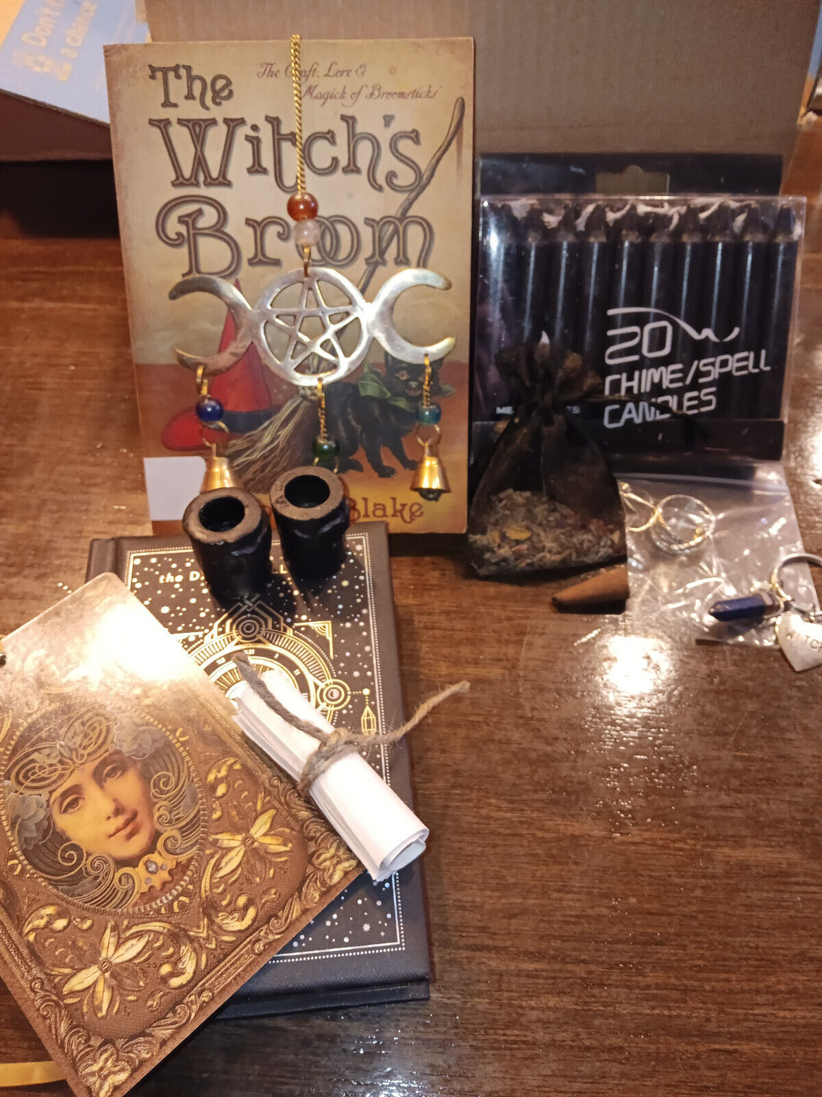 The Wiches Broom Book, Black Spell Book, Cast Iron Chime Holders, Black Candles