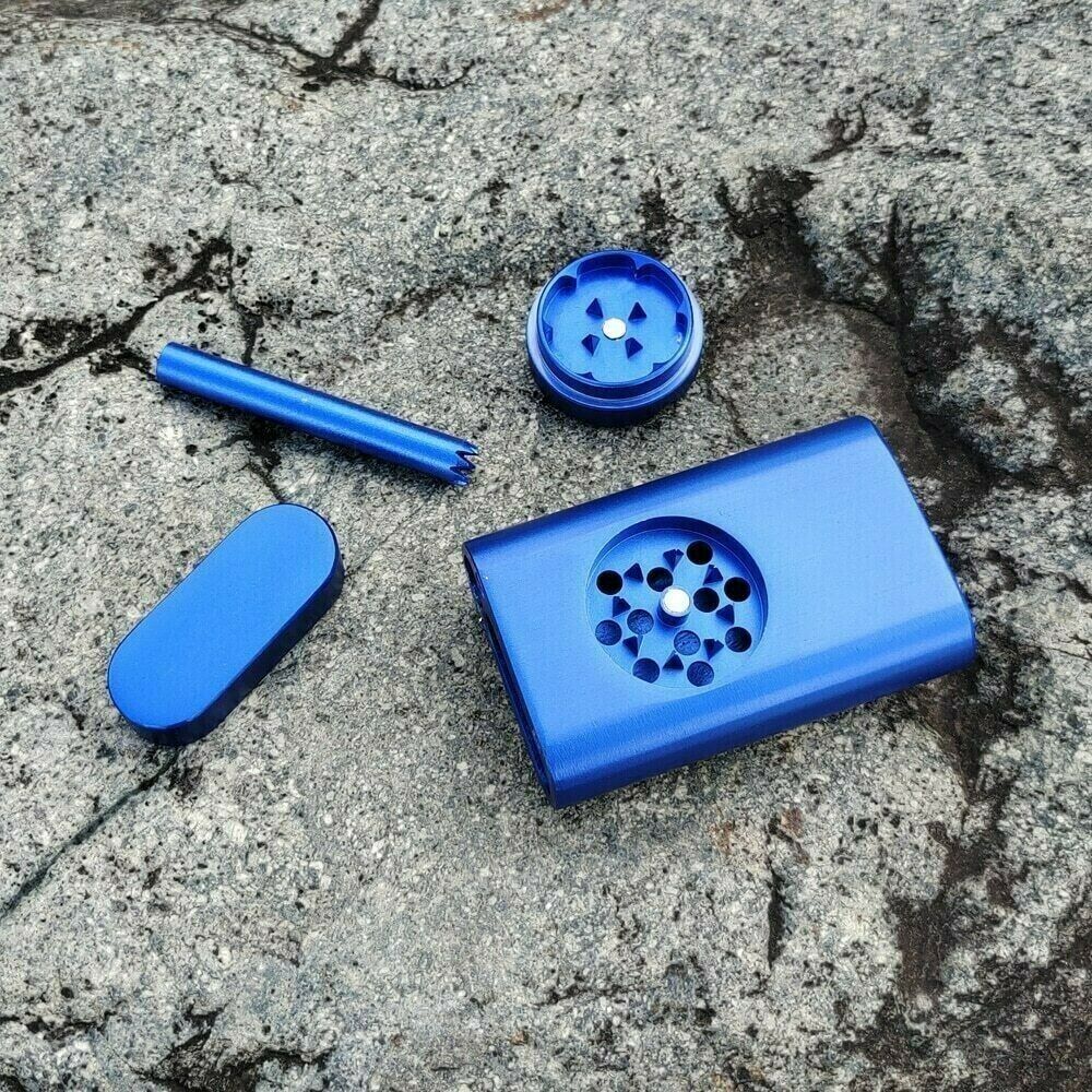 DUGOUT MAGNETIC ALUMINUM WITH GRINDER, ASHTRAY, STORAGE, AND ONE HITTER- BLUE