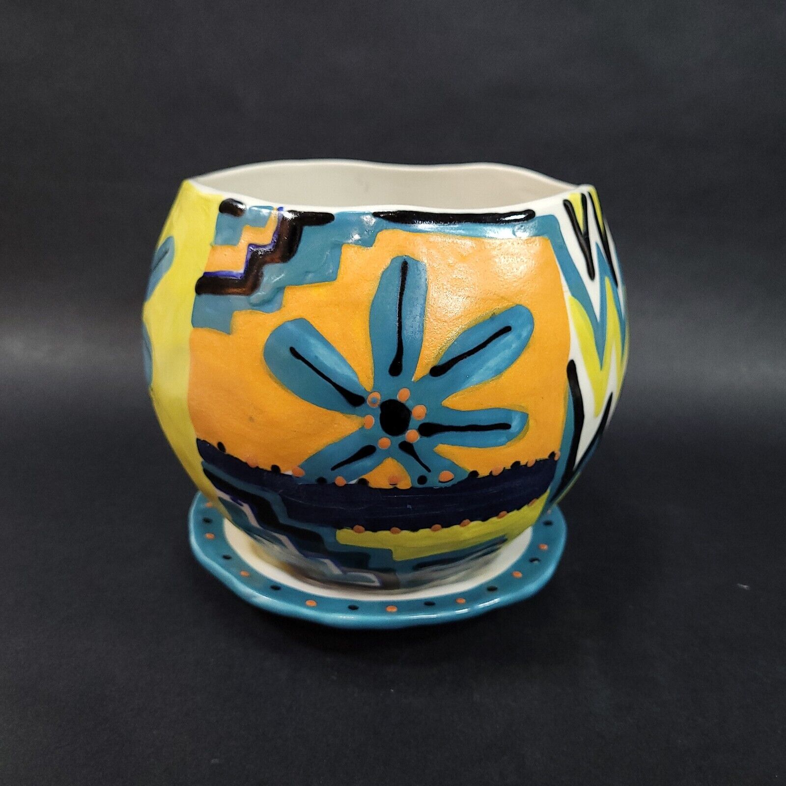 Anthropologie Flower Pot with Under Plate Planter Hand Painted Ceramic Bohemian