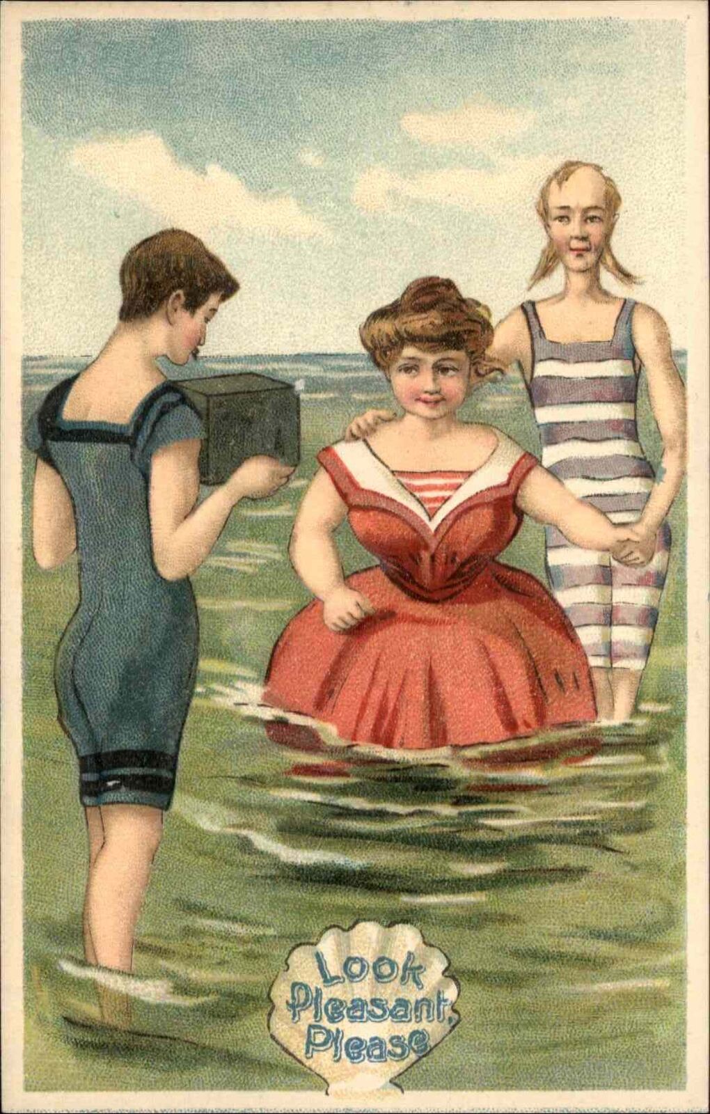 Bathing Beauty Obese Wife Skinny Husband Camera c1910 Embossed Postcard