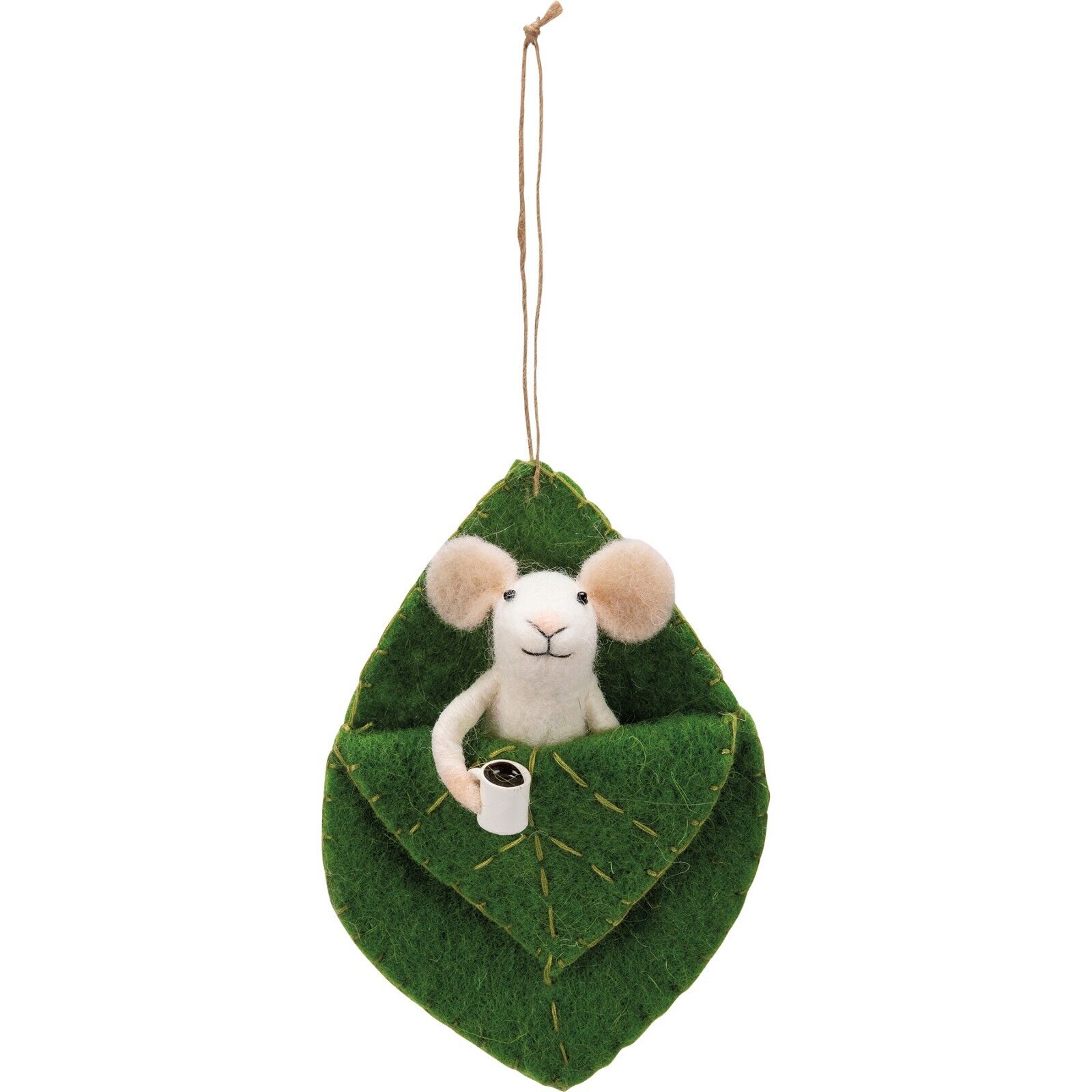 Primitives By Kathy Felt Mouse in Leaf Bed With Coffee Cup Critter Ornament Gift
