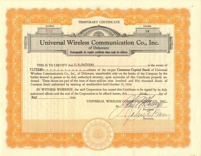 Universal Wireless Communication Co., Inc. - Stock Certificate - Telephone & Tel