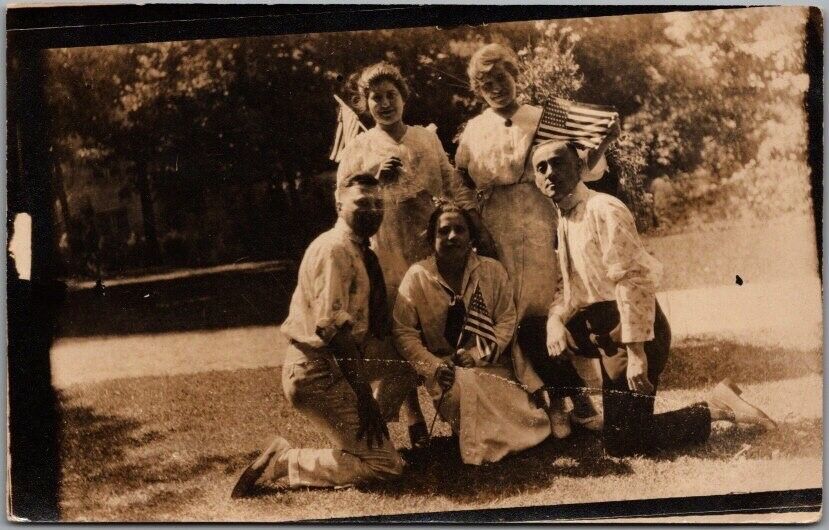 Vintage 1910s RPPC Real Photo Postcard Five Teens Posing w/ American U.S. Flags