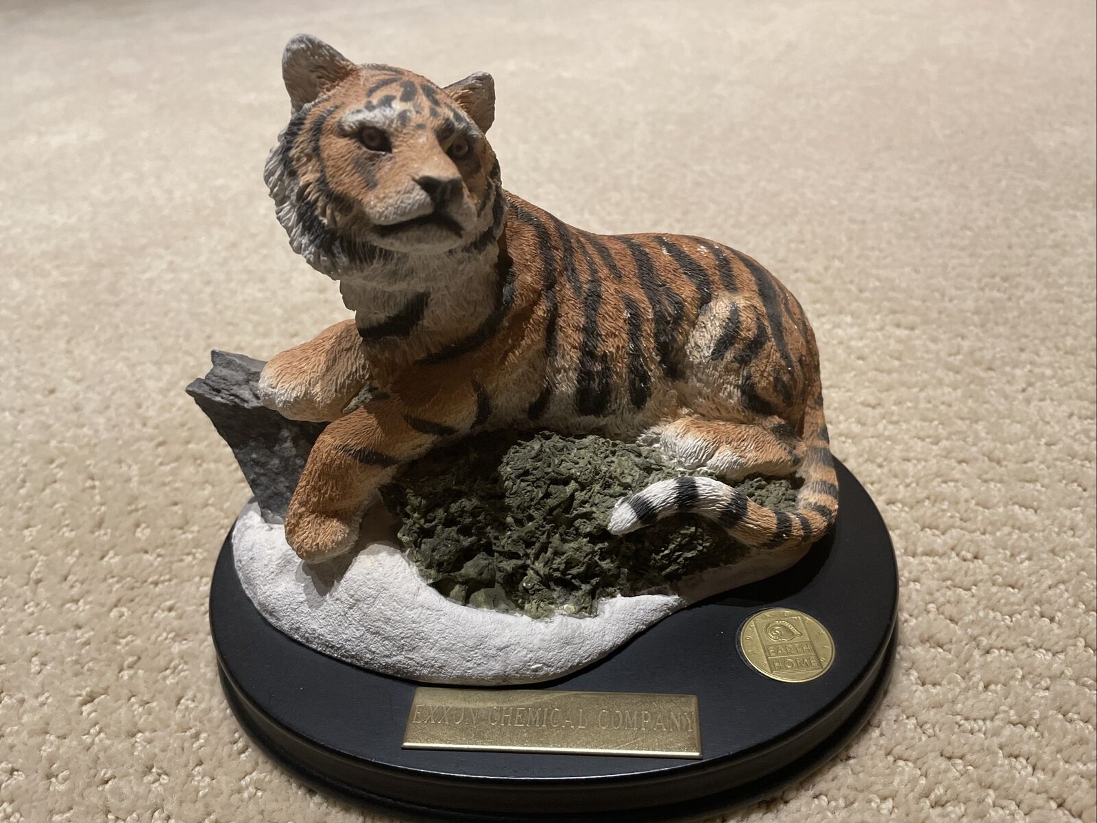 Vintage Exxon Chemical Earth Home Endangered Tiger Statue w/Wooden Pedestal