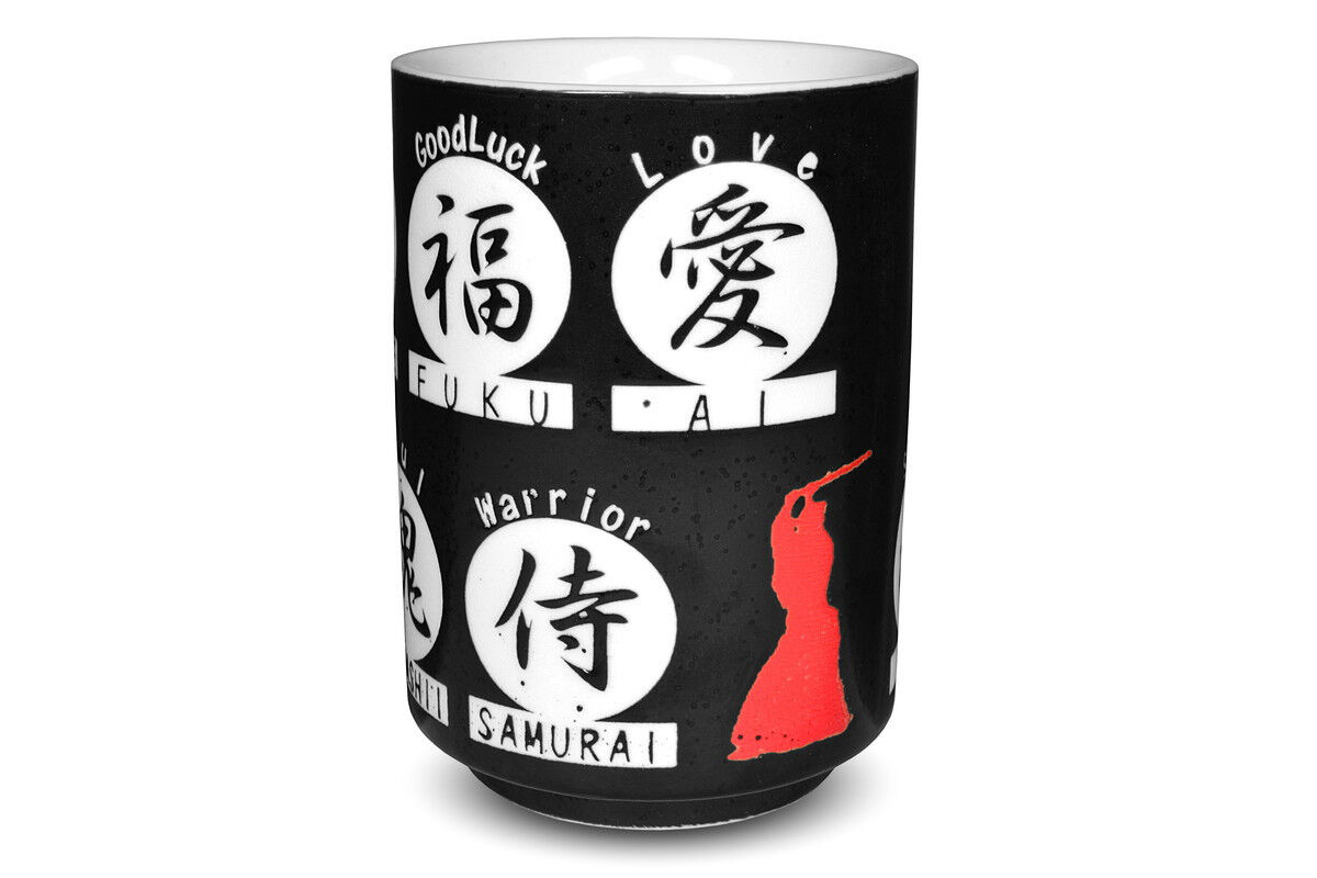 Japanese Yunomi Sushi Tea Cup Mino Ware Kanji Print on the Black Background