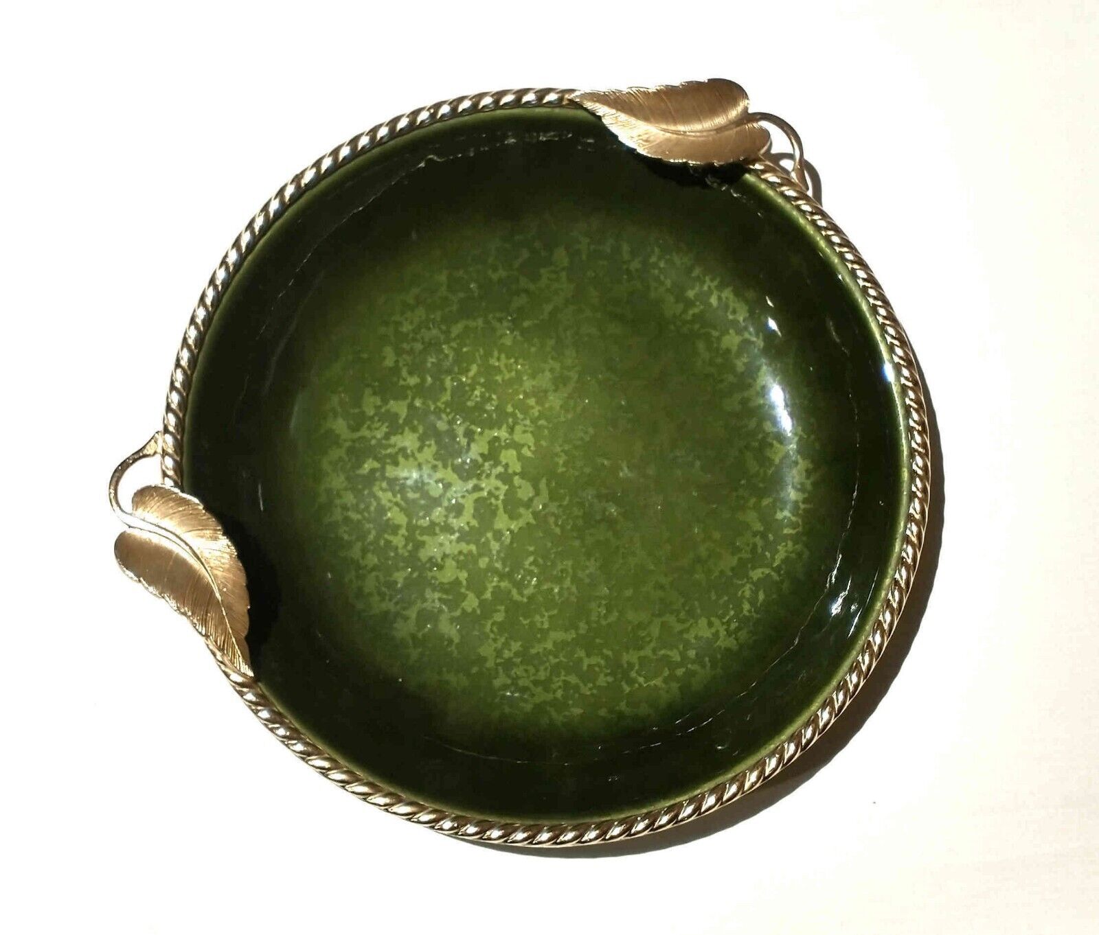 Vintage EVANS 1950’s Green Hand Enameled Dish on Copper w/Brass Leaves