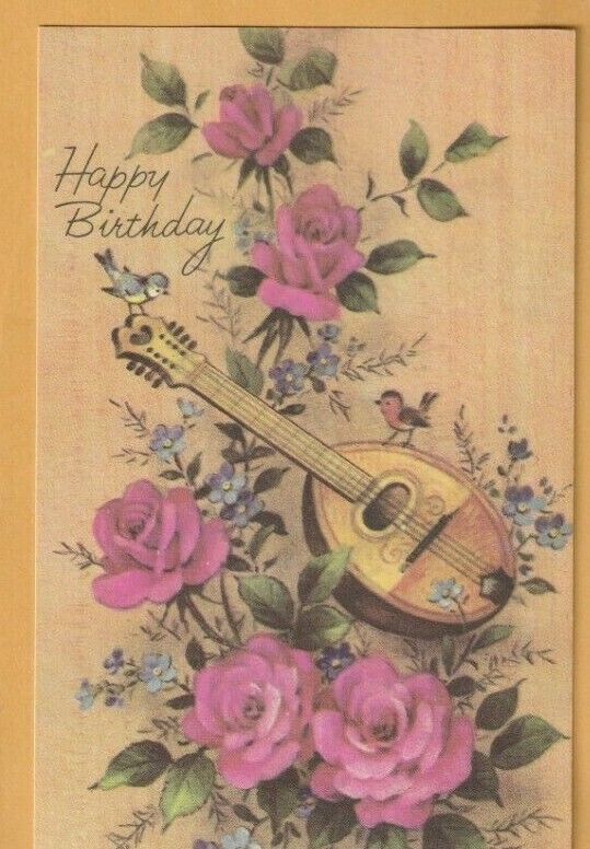 Beautiful VTG Happy Birthday Postcard, Guitar, Bird, Roses, Leukemia Association