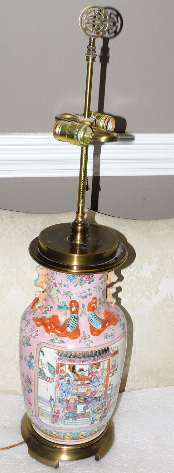 LARGE ASIAN  GINGER JAR  ROSE MEDALLION STYLE CERAMIC LAMP