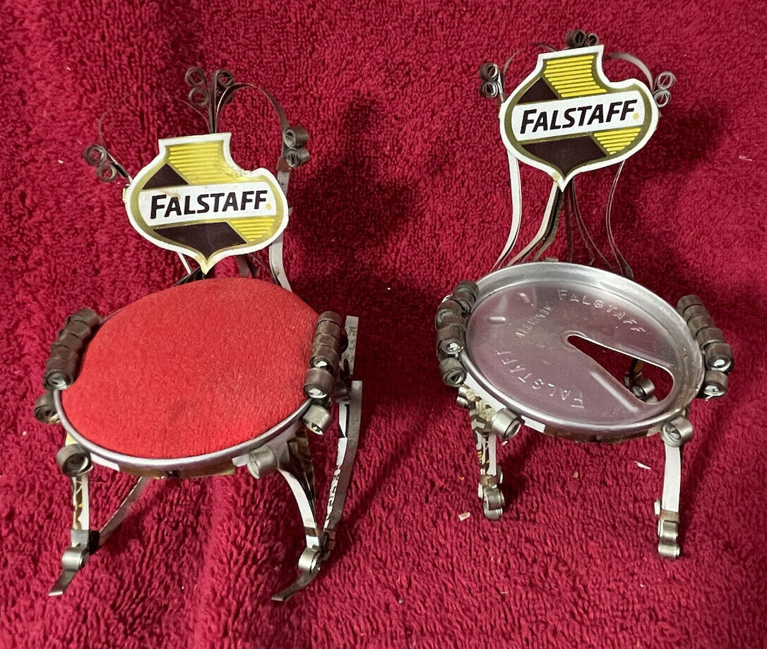 Vintage Falstaff Can Art pair of 2  Chairs Folk Handmade Art Mancave Bar