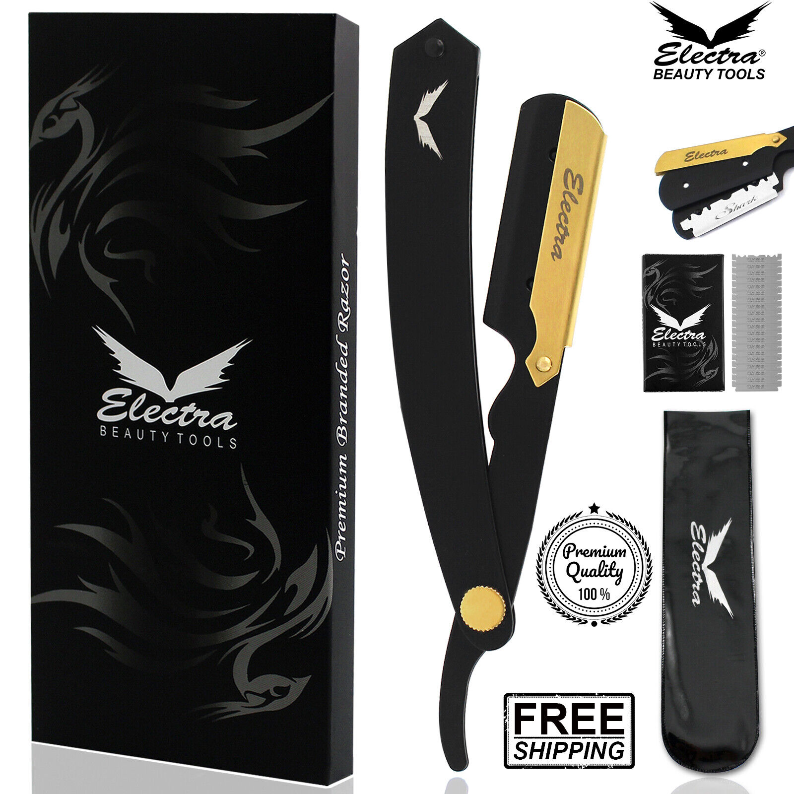 Professional Black Barber Hair Shaving Razor Straight 20 Blades Folding Knife