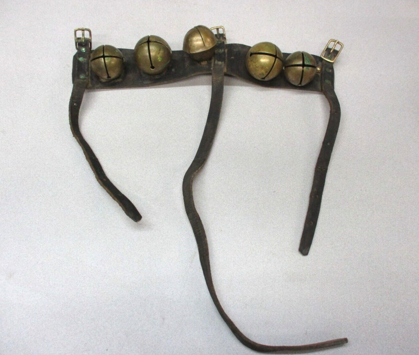 Antique Sleigh Bells/Jingle Bells on Leather Strap. Set of 5, Brass. Horse Tack.