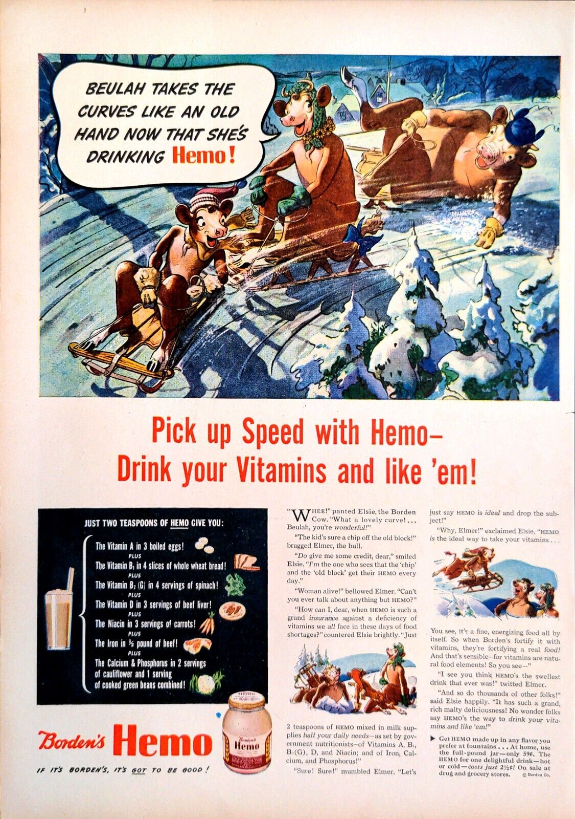 1944 Borden's Print Ad Hemo Drink Milk Vitamins Elsie The Borden's Cow