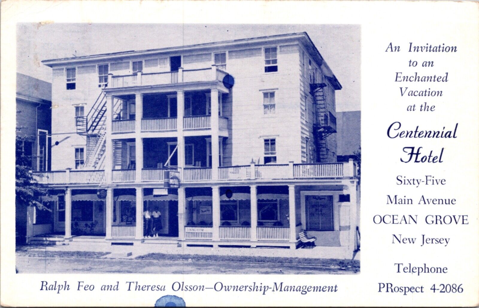 Postcard Centennial Hotel at 65 Main Avenue in Ocean Grove, New Jersey