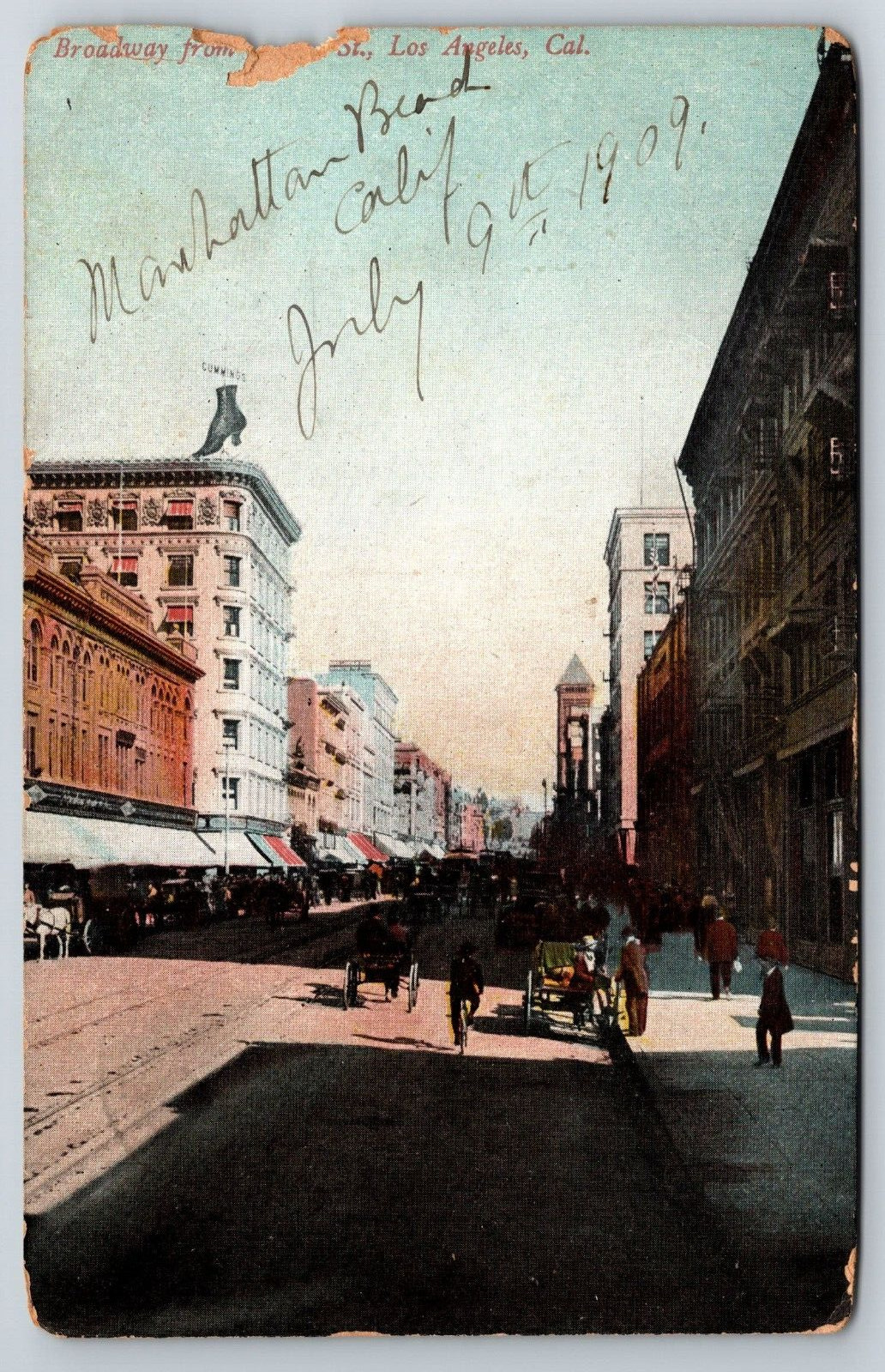 Postcard Los Angeles CA Broadway From Fourth Street Horse-Drawn Posted 1909