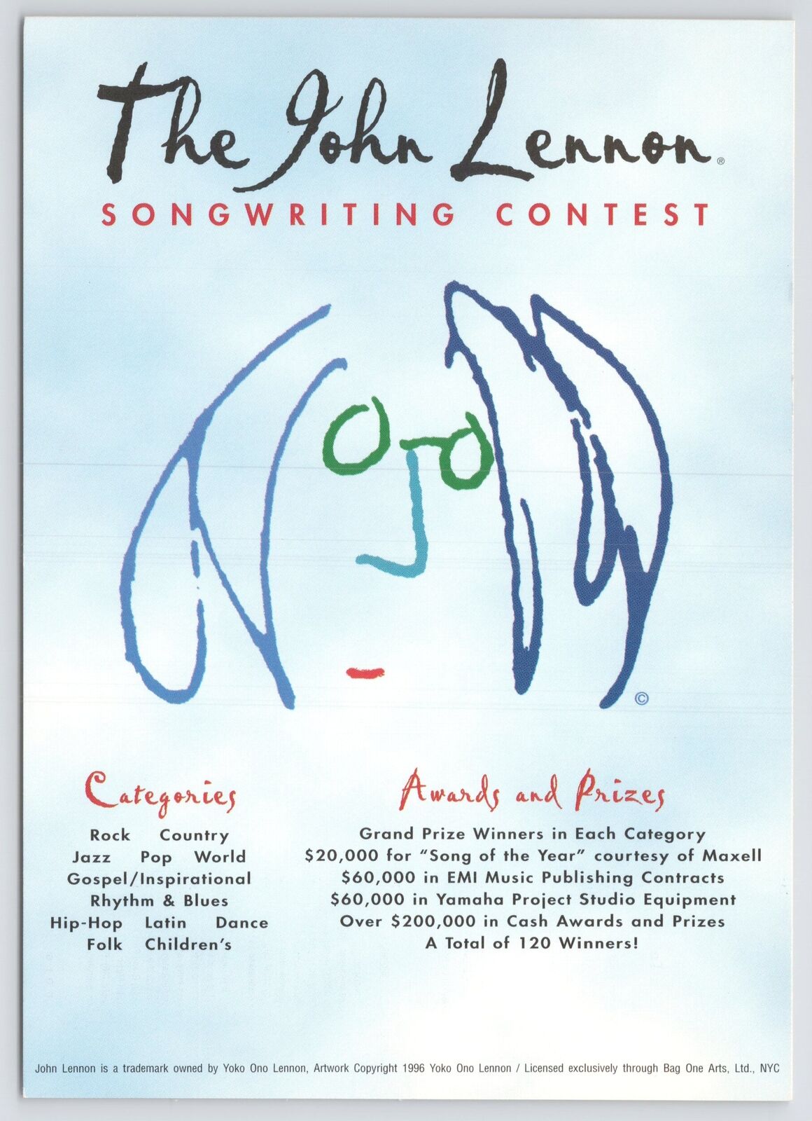 Adv~John Lennon Songwriting Contest~Application & Rules On Back~Continental PC