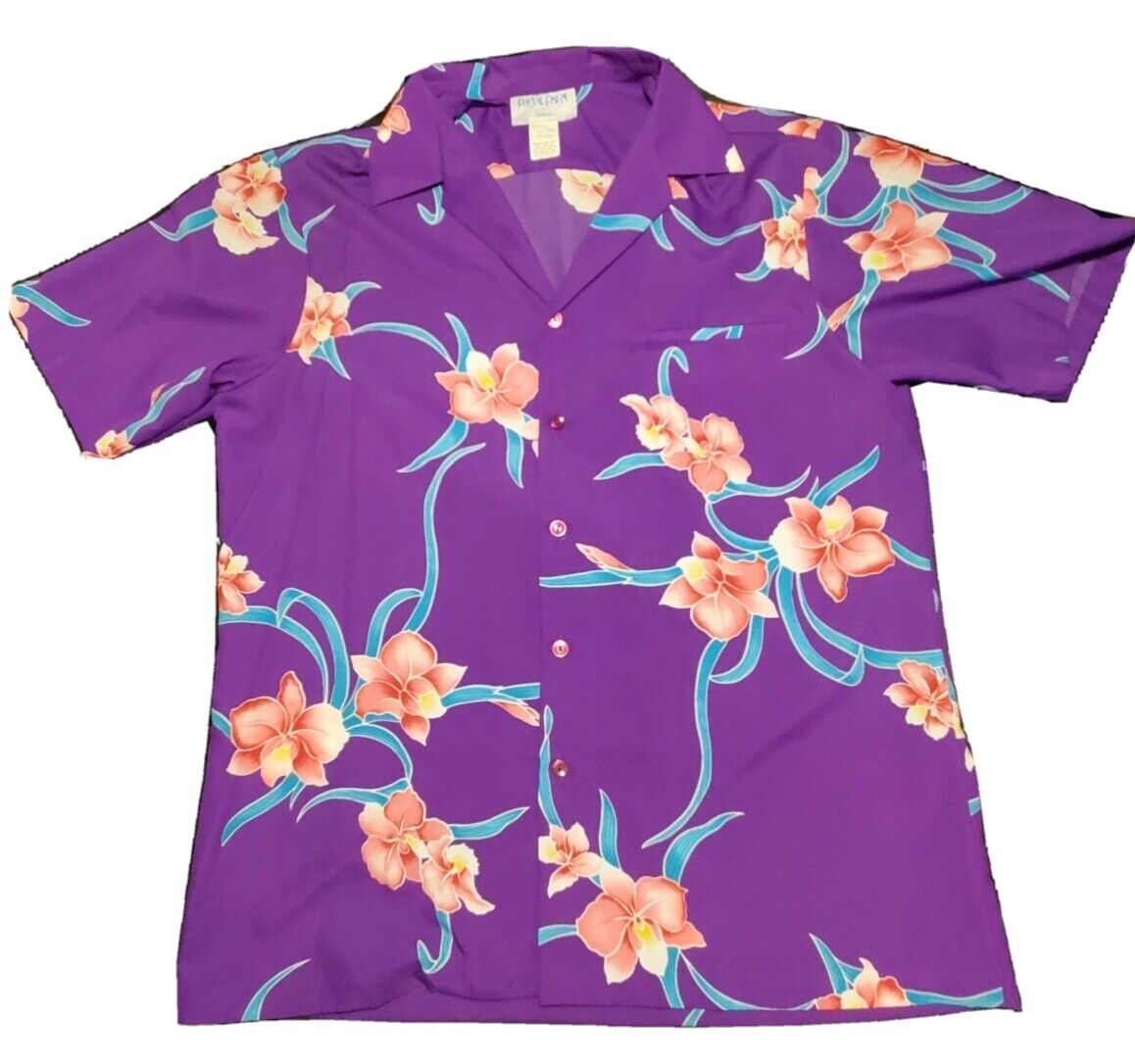 🌺🏝 Vintage Hawaiian Shirt 1960s-1970s Royal Palm Size Large 100% Poly  🇺🇸