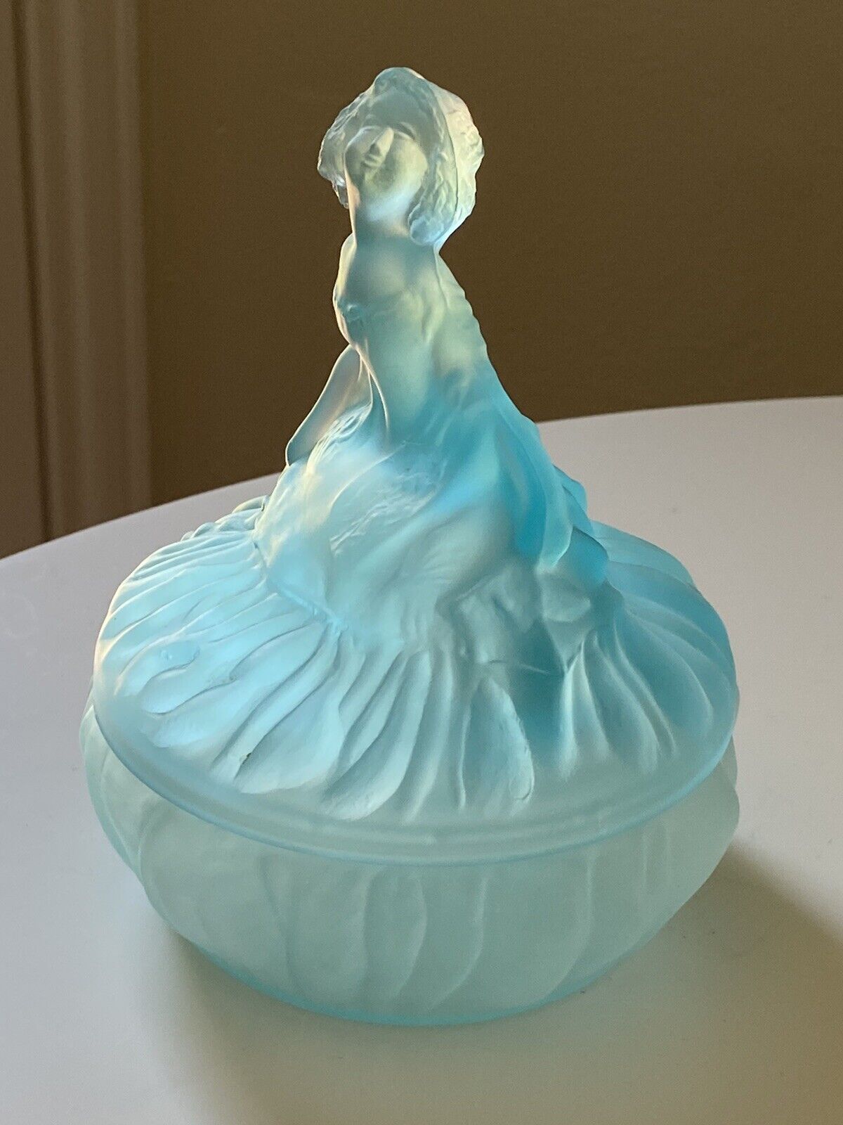 Toussant Blue Frosted Satin Glass Curtsy Vanity Jar