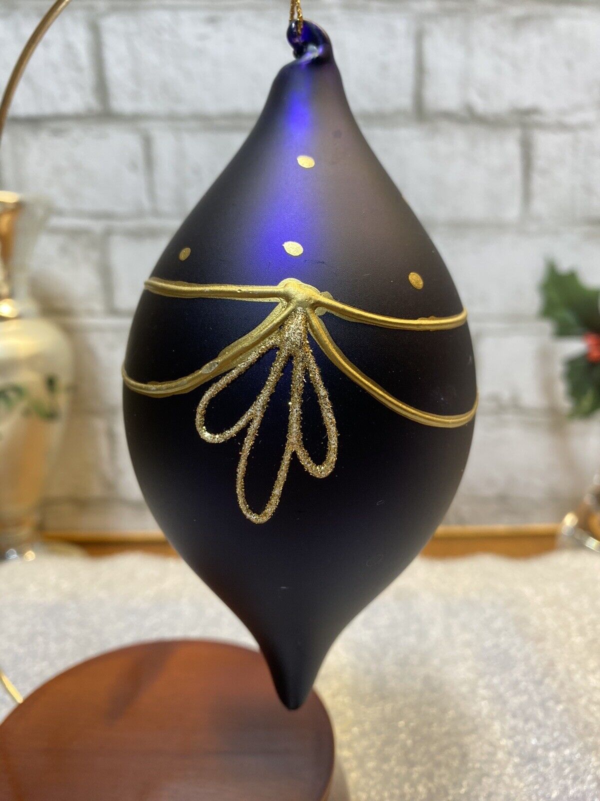 Vintage Hand Blown Glass pointed Ornament Art Glass Mate Purple With Gold Design