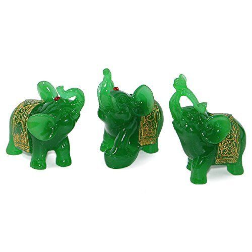Feng Shui Set of 3 Green Jade Elephant Trunk Statues Wealth Figurine Home Decor