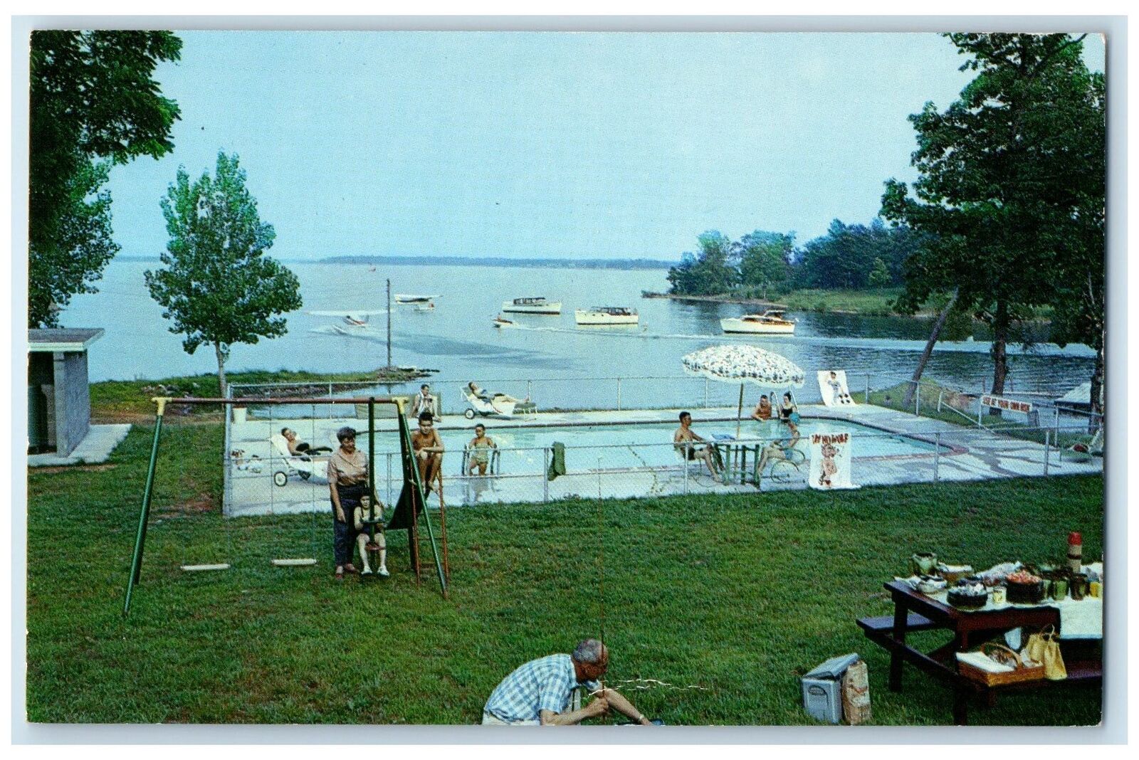 c1960s Monkey Island Airport Resort Bathing Grove Oklahoma OK Speedboat Postcard