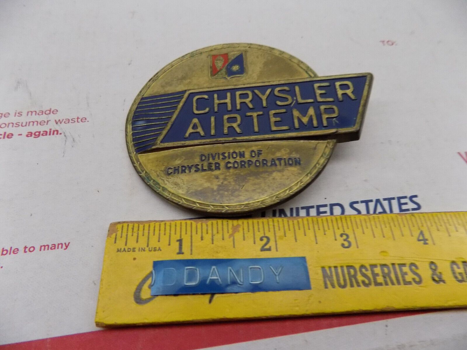 Chrysler Airtemp Air Conditioning Brass Fender Badge