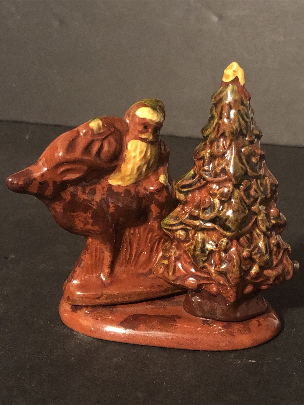 Vintage 1994 Breininger Redware Pottery Santa Claus w deer tree figure Folk Art