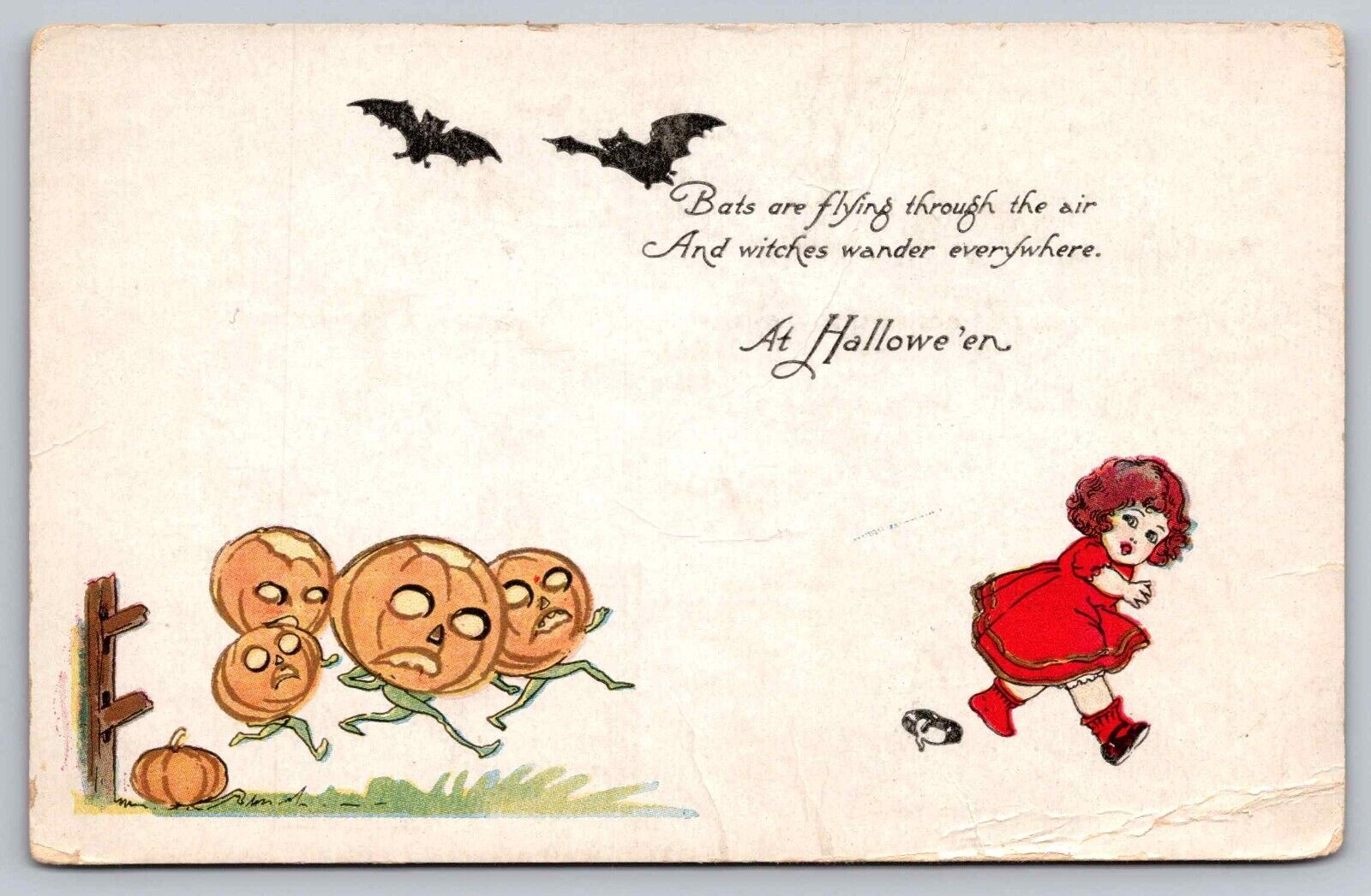 Postcard Halloween Bats Are Flying Girl Running from Pumpkin People