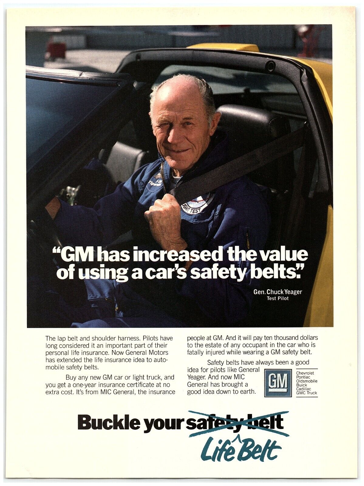 1986 GM Print Ad, Gen. Chuck Yeager Test Pilot Car Safety Belts Fist Convertible