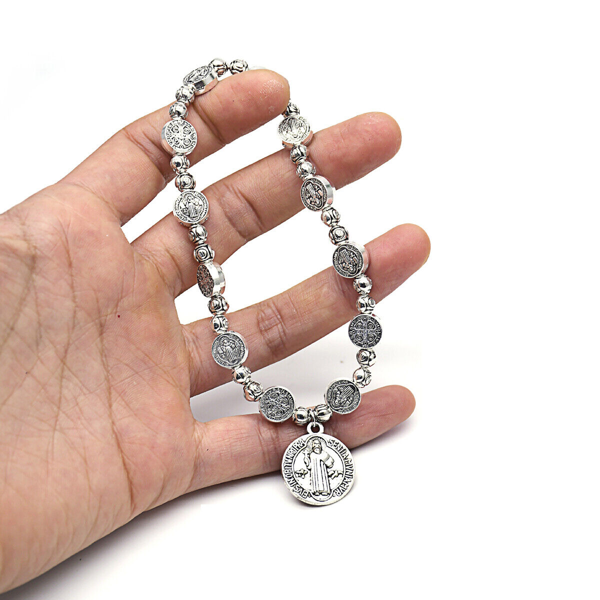 Saint St Benedict Medal Silver Rosary Bracelet Pulsera De Plata De San Benito