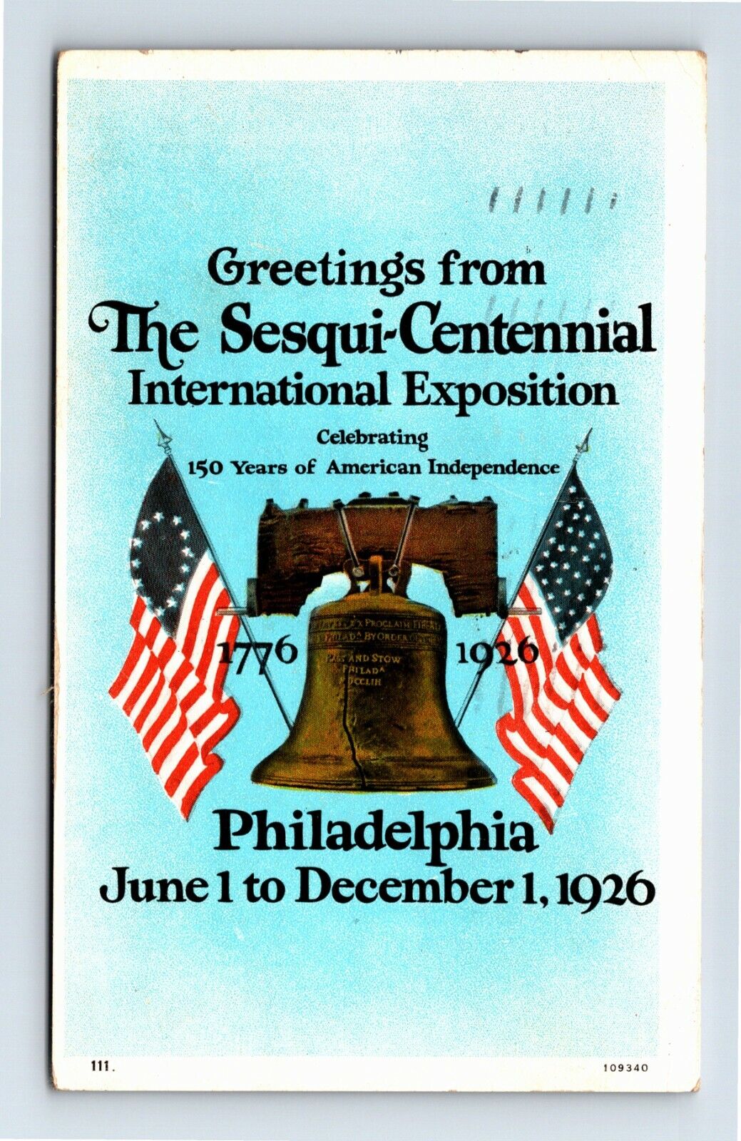 1926 Sesqui Centennial Exposition Postcard Greetings From Liberty Bell US Flags 