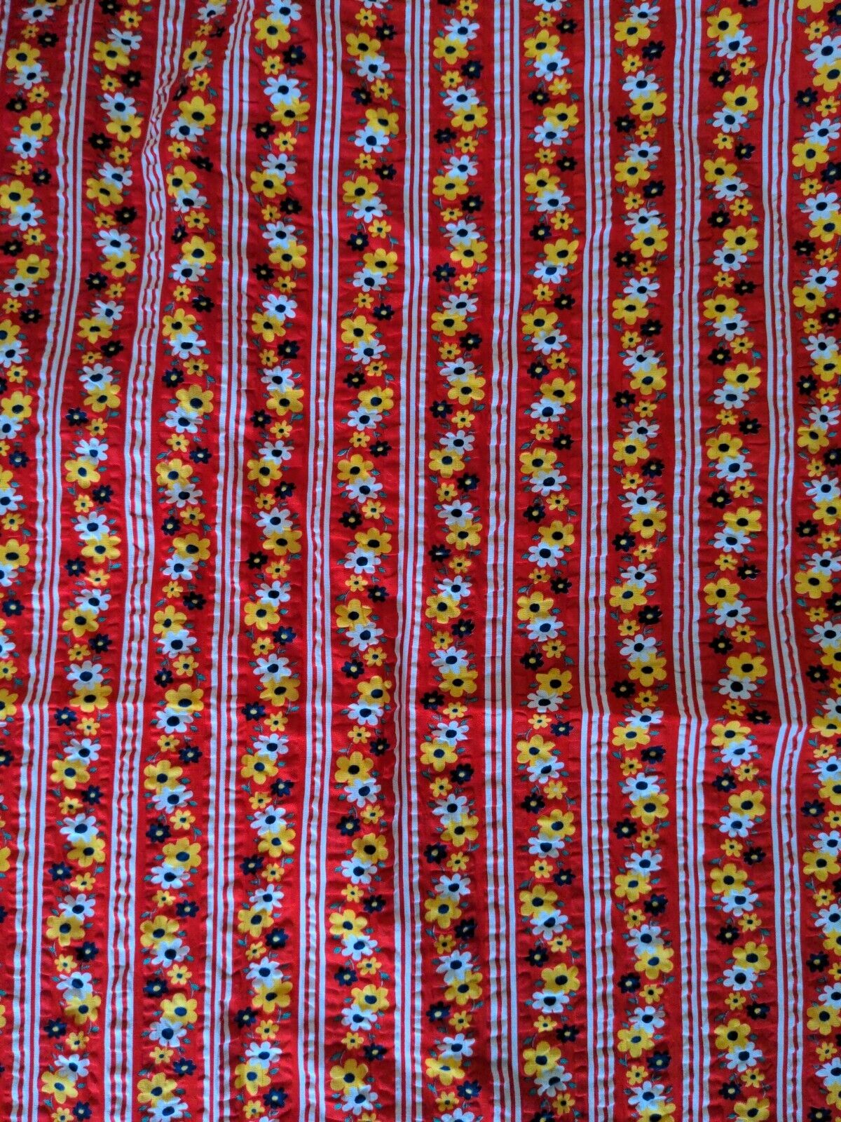 1970s Seersucker Fabric Red Yellow Flower Stripe Fabric 3.6 Metres X 90 cm