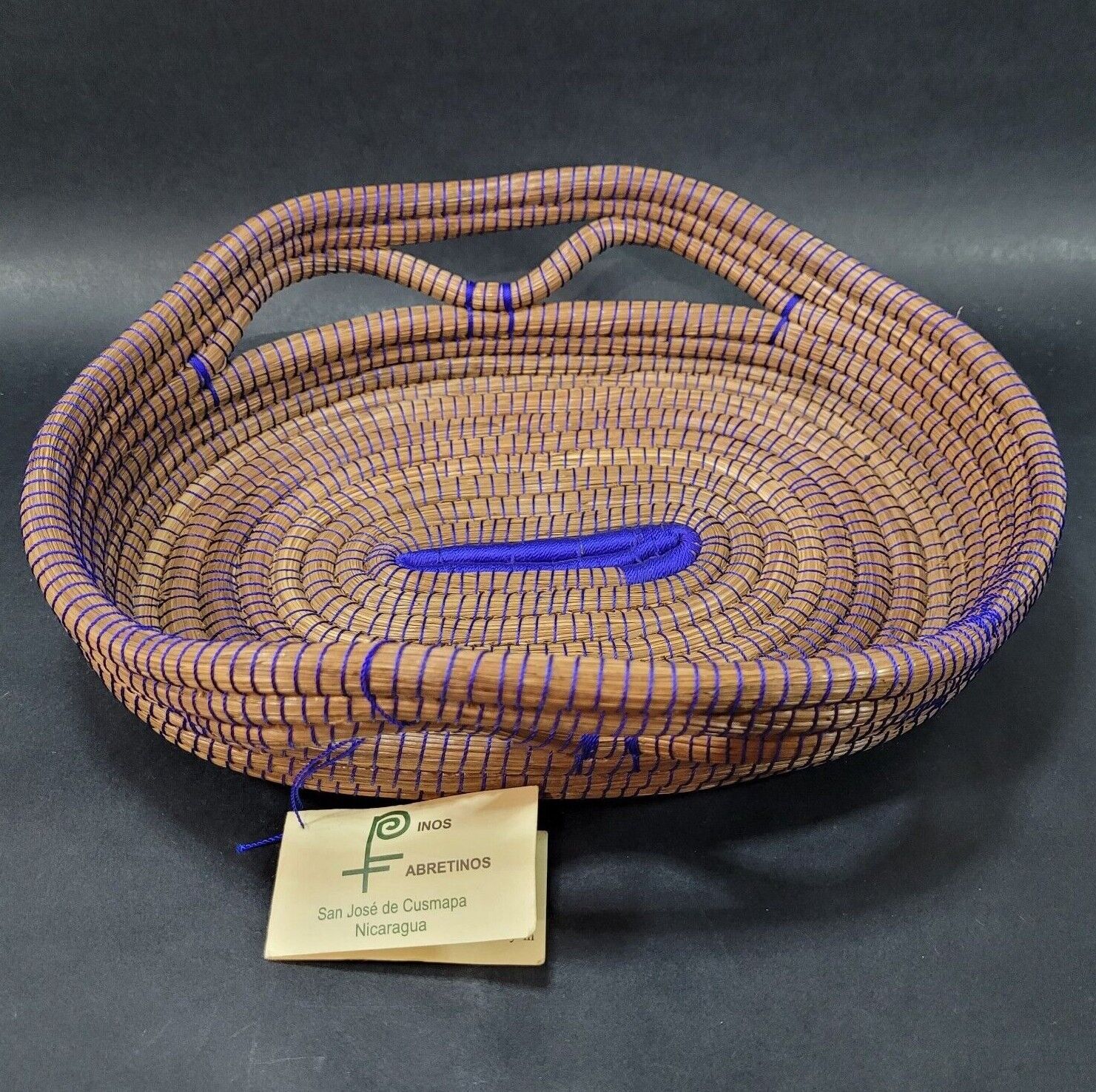 Rolled Grass Coil Basket Hand Made in Nicaragua Blue Double handled with Tag